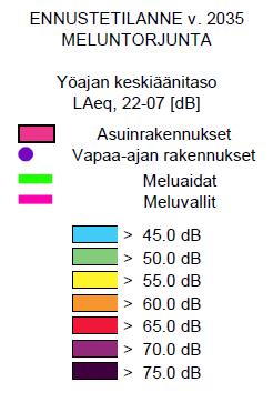 parannus jopa nykytilanteeseen verrattuna. Kuva 22. Päivämelun (vasemmalla) ja yömelun (oikealla) vuoden 2035 ennustetilanne meluntorjunnalla.
