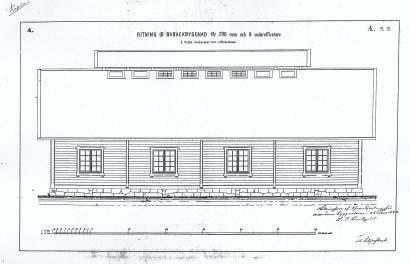 Piirustus kuormastovajaksi Suomen ruotupataljoonia varten, vuodelta 1859. Rakennukseen on haettu esikuvia lähinnä yksinkertaisista talonpoikais rakennuksista. Suomen kansallisarkisto.