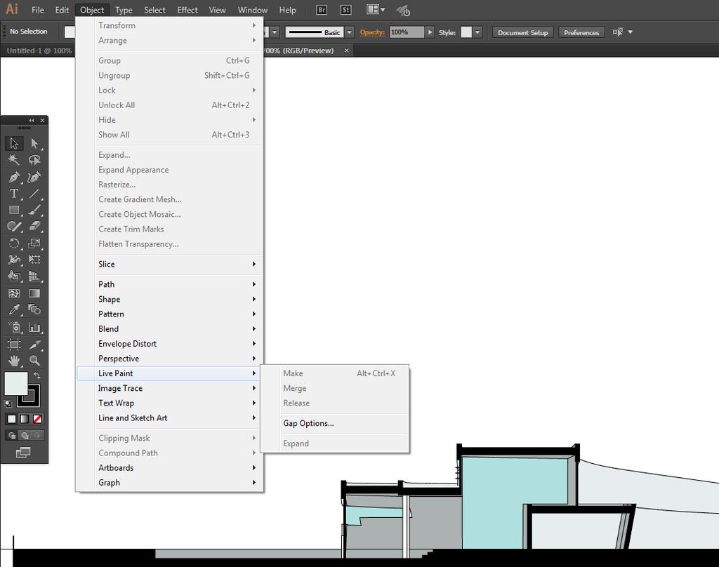 Workflow-esimerkki: Leikkaus Illustratorissa 13 / 18 kätevä työkalu yksinkertaiseen väritykseen on Live Paint > Make.