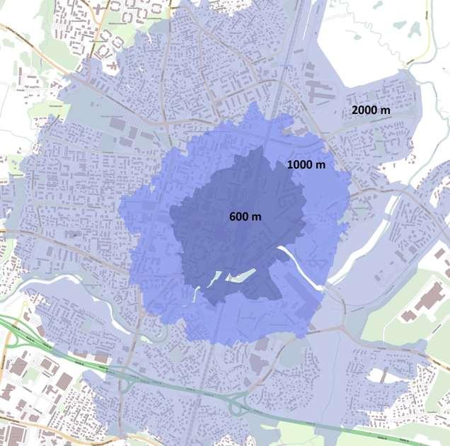 2. Verkostotarkastelut liikenneverkkoa pitkin verkostovyöhyke Liikenneväyliä pitkin tehdyt vyöhykkeet havainnollistavat aseman saavutettavuutta paikallisella tasolla paremmin kuin mekaaninen