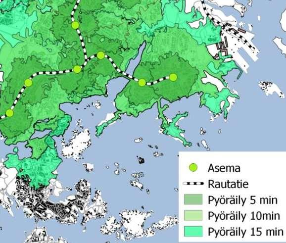 3. Kävelyn ja pyöräilyn aikaetäisyys verkostoa pitkin Kuvaavat erinomaisesti aseman saavutettavuutta kävellen ja pyörällä verkostoja pitkin.