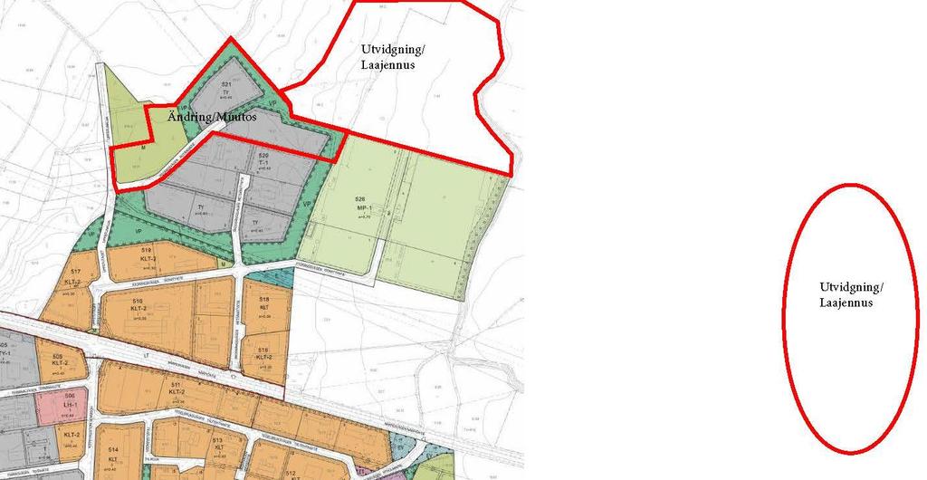 Bild 4 Utdrag ur detaljplan / Ote asemakaavasta Detaljplan Området som ändras i gällande detaljplan utgörs av tomt nr 1 i kvarter 520, kvarter 521, park (VP), jordbruksområde (M) och gatuområde.