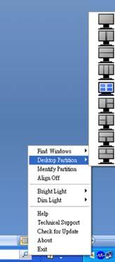 Napsauta valikkoa hiiren vasemmalla painikkeella Napsauta hiiren vasemmalla painikkeella Desktop Partition (Työpöydän osio) kuvaketta lähettääksesi nopeasti aktiivisen ikkunan johonkin osioon
