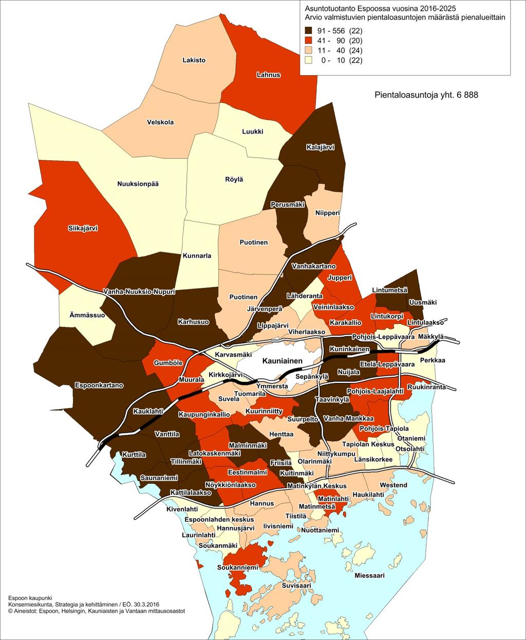 Pienataloasuntoja valmistuu 6 900 eli 25 % asuntotuotannosta vuosina 2016-2025 Eniten pientaloasuntoja yli 500 valmistuu Kurttilaan Noin 400 pientaloasuntoa valmistuu Kauklahden, Saunaniemen