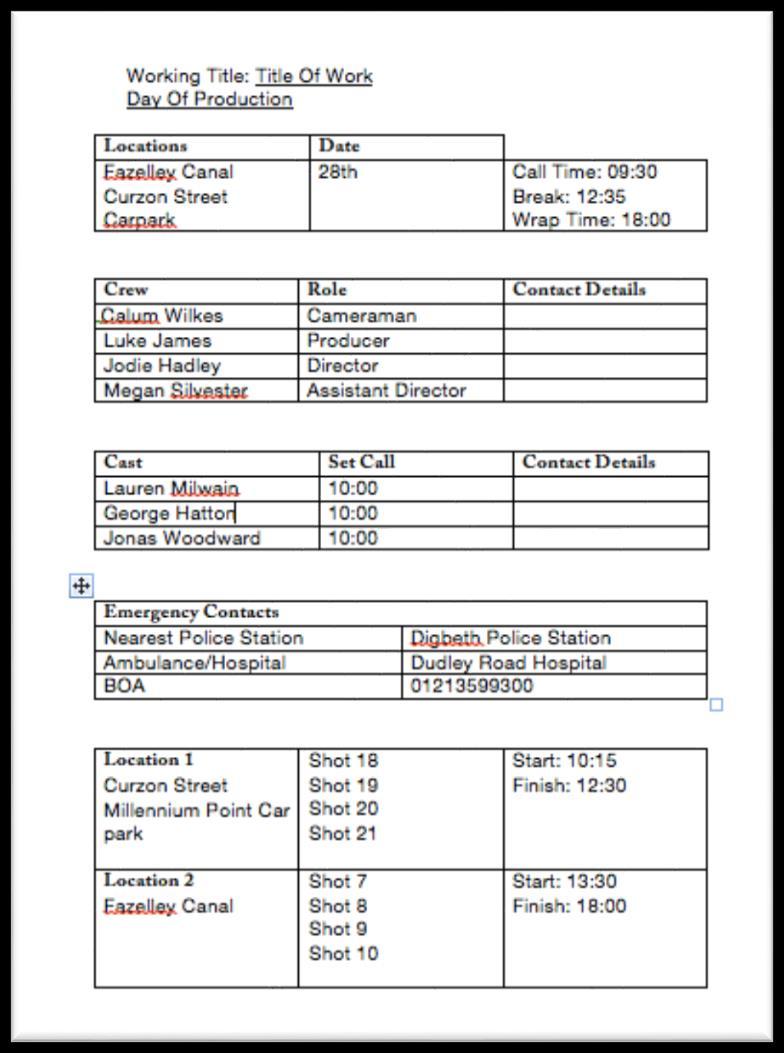 6 KUVA 3. Esimerkki call sheet -dokumentista (James 2016) Tässä opinnäytetyössä käsitellään kuitenkin vain opiskelijatyönä tehdyn lyhytelokuvaprojektin esituotantovaiheita.