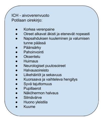 13 Kuvio 5. ICH:n oireet. 6 Kallonsisäisten verenvuotojen taustatekijät Tässä luvussa käsitellään kallonsisäisten verenvuotojen taustatekijöitä.