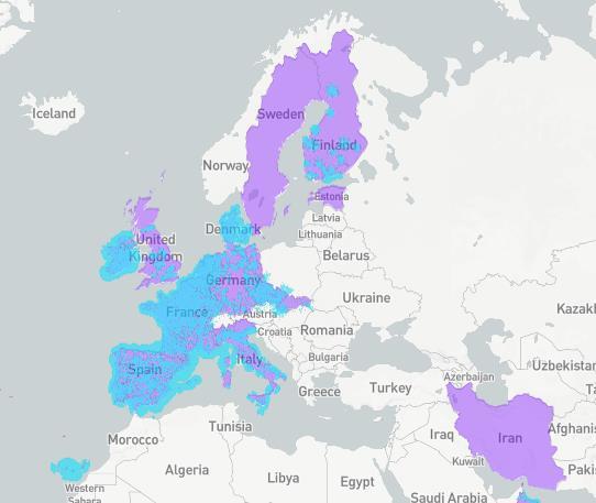 Kuva 9. Sigfox-verkon kattavuus Euroopassa. Sinisellä merkityillä alueilla on jo Sigfox-verkon kuuluvuus, ja violetit alueet ovat suunnitteilla tai rakenteilla [32].