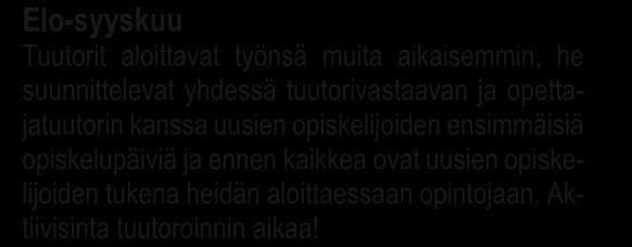 5. TUUTORITOIMINNAN VUOSI Jotta tuutoritoiminnan kokonaisuutta olisi helpompi hahmottaa, on seuraavassa selvennetty tuutoritoiminnan sijoittumista pitkin lukukautta.