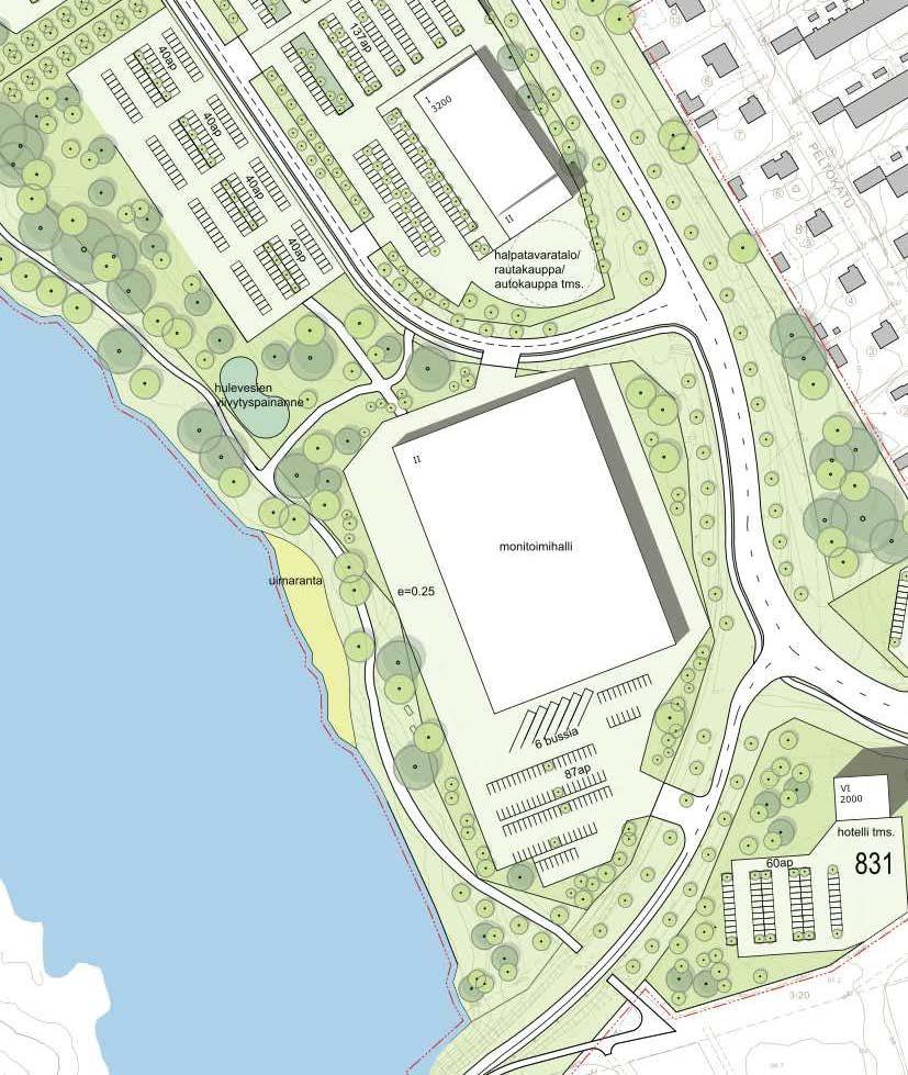 Kuva. Havainnekuva monitoimihallin sijoittumisesta kortteliin 0 KP--alueelle.