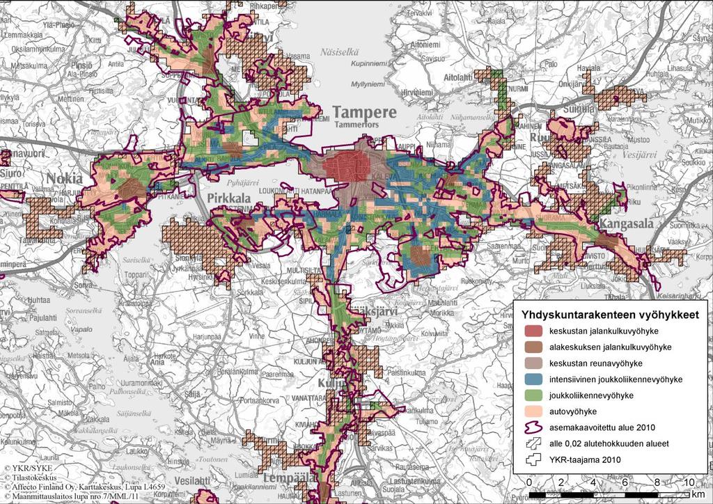 vyöhykkeet kuvassa 1. Tampereella keskeiset yhdyskuntarakenteen vyöhykkeet ulottuvat ympäröiviin kuntiin.