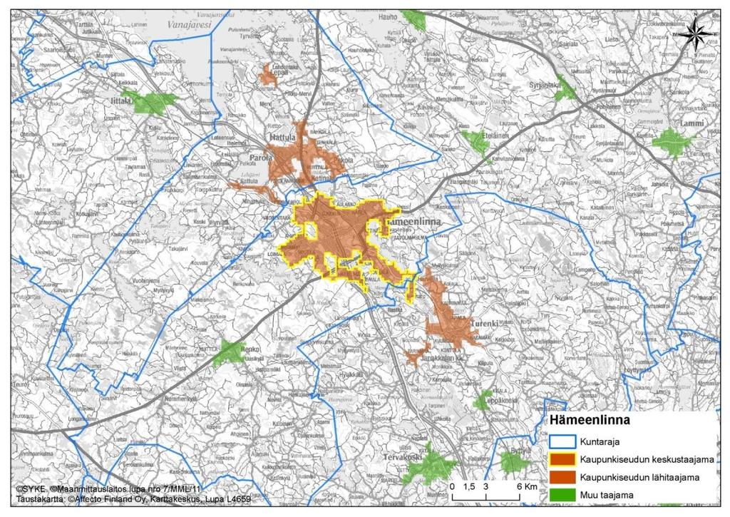Kuva 3. Hämeenlinnan kaupunkiseudun keskus- ja lähitaajamat sekä muut ympäröivät taajamat v..2010. SYKE /YKR.