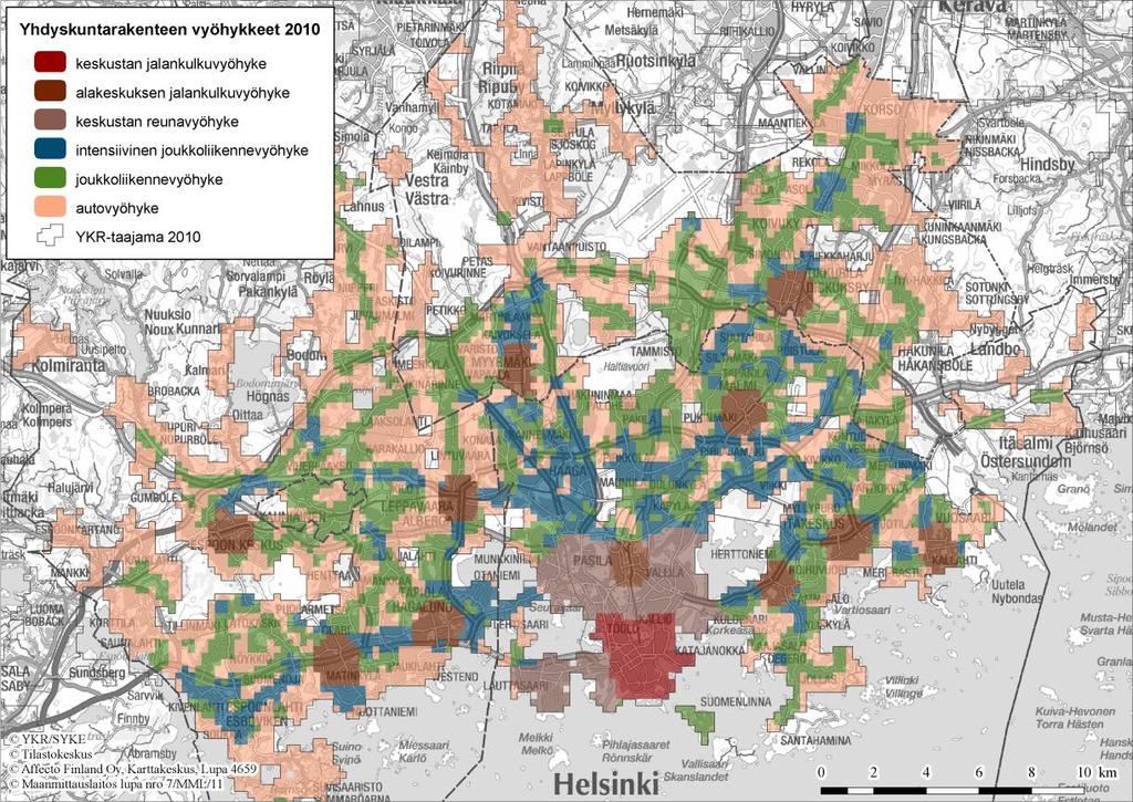 Kuva 5. Yhdyskuntarakenteen vyöhykkeet pääkaupunkiseudulla v.2010.