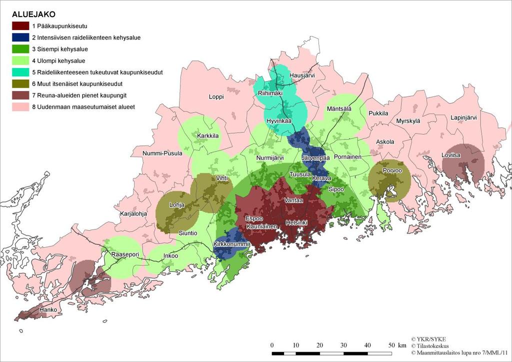 Kuva 7. Yhdyskuntarakenteen aluejako Uudellamaalla v.2010. SYKE /YKR 2.