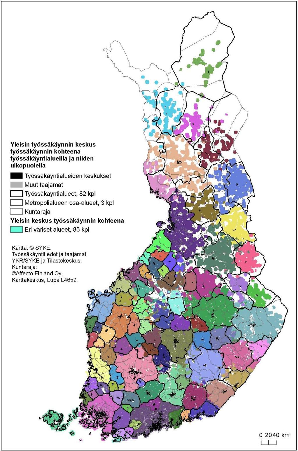 Kuva 19. Yleisin työssäkäyntialueen keskustaajama työssäkäynnin kohteena sekä työssäkäyntialueen sisällä että työssäkäyntialueiden ulkopuolella.