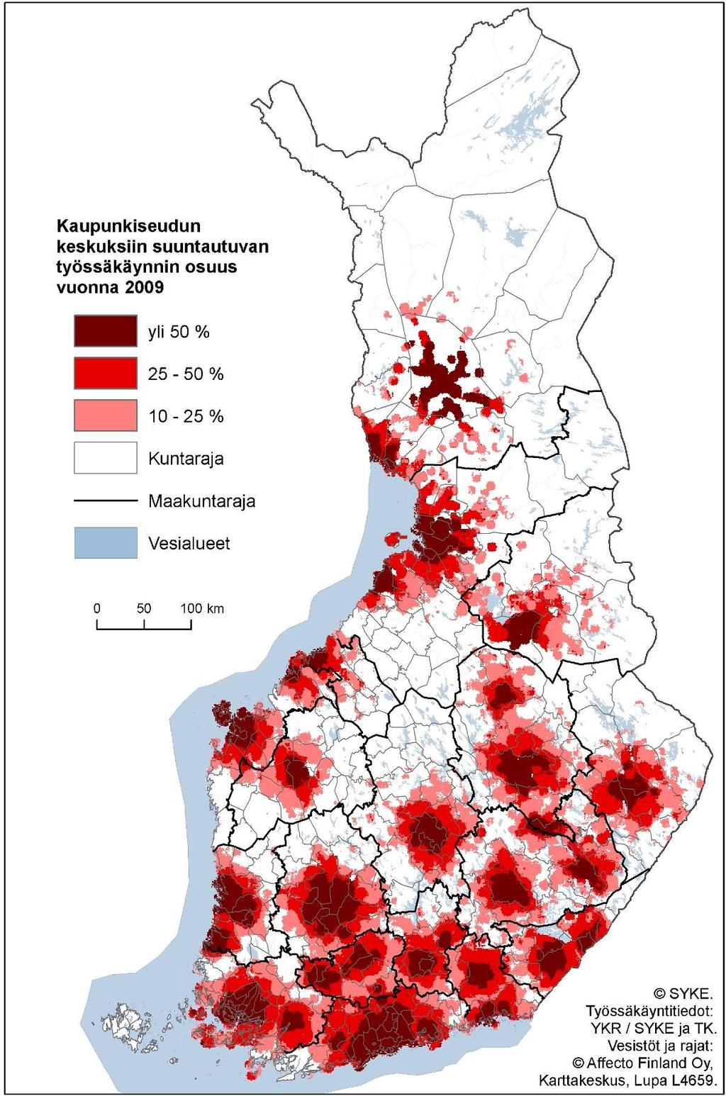 Erityisen paljon työssäkäynnin vaikutusalueet ovat laajentuneet suhteellisesti muun muassa keskisuurilla Joensuun, Kouvolan, Savonlinnan, Hämeenlinnan, Mikkelin, Rovaniemen, Lappeenrannan ja Kuopion