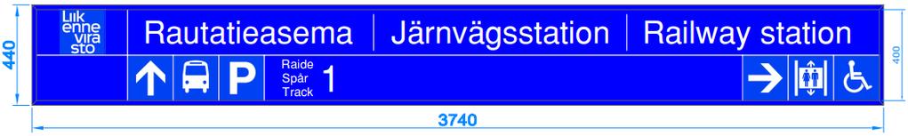 26 Liikenneviraston ohjeita 8/2017 5.3 Kaksirivinen suuntaopaste Kaksirivistä 440 mm korkeaa suuntaopastetta (näkyvä informaatio-osa 400 mm) tulee lähtökohtaisesti käyttää seuraavissa tapauksissa: 1.