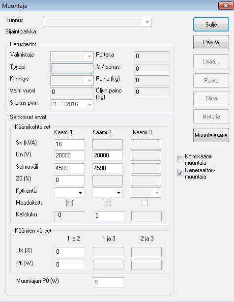 27 (59) KUVA 17. Muuntajan tiedot (Pirinen 2016.) Seuraavaksi lisätään itse generaattori. Tämä tehdään samalla tavalla kuten muuntajan lisääminen, paitsi nyt solmutyypiksi valitaan generaattori.
