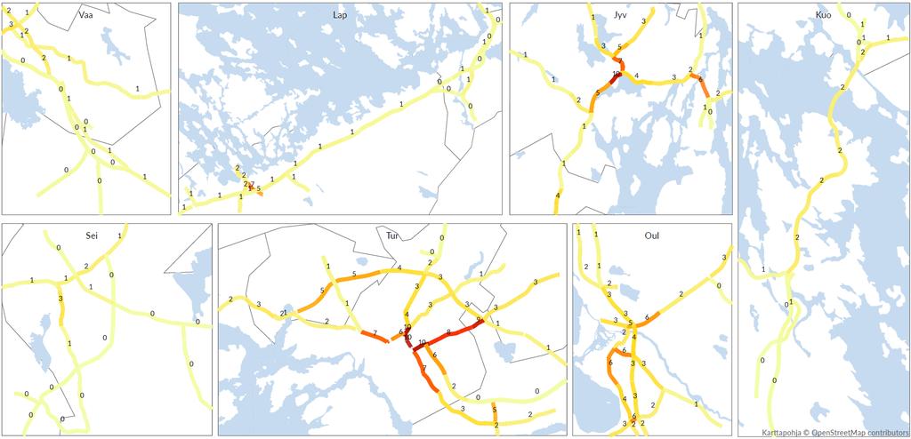 Liite 1 / 27 (38) Liikenteellisellä kokonaismerkityksellä painotetut palvelutasopuutteet (osa-alueet yhdisteltynä)