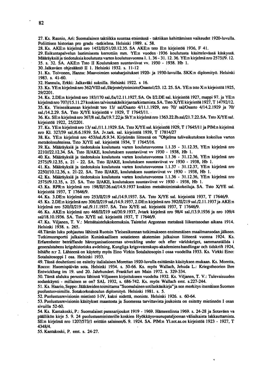 82 27. Ks. Raunio, Ari: Suomalainen taktiikka suuntaa etsimässä - taktiikan kehittämisen vaikeudet 1920-1uvulla. Poliittisen historian pro gradu -tutkielma. Helsinki 1989. s; 58. 28. Ks. AKE:n kirjelmä nro 1452/11151/20.