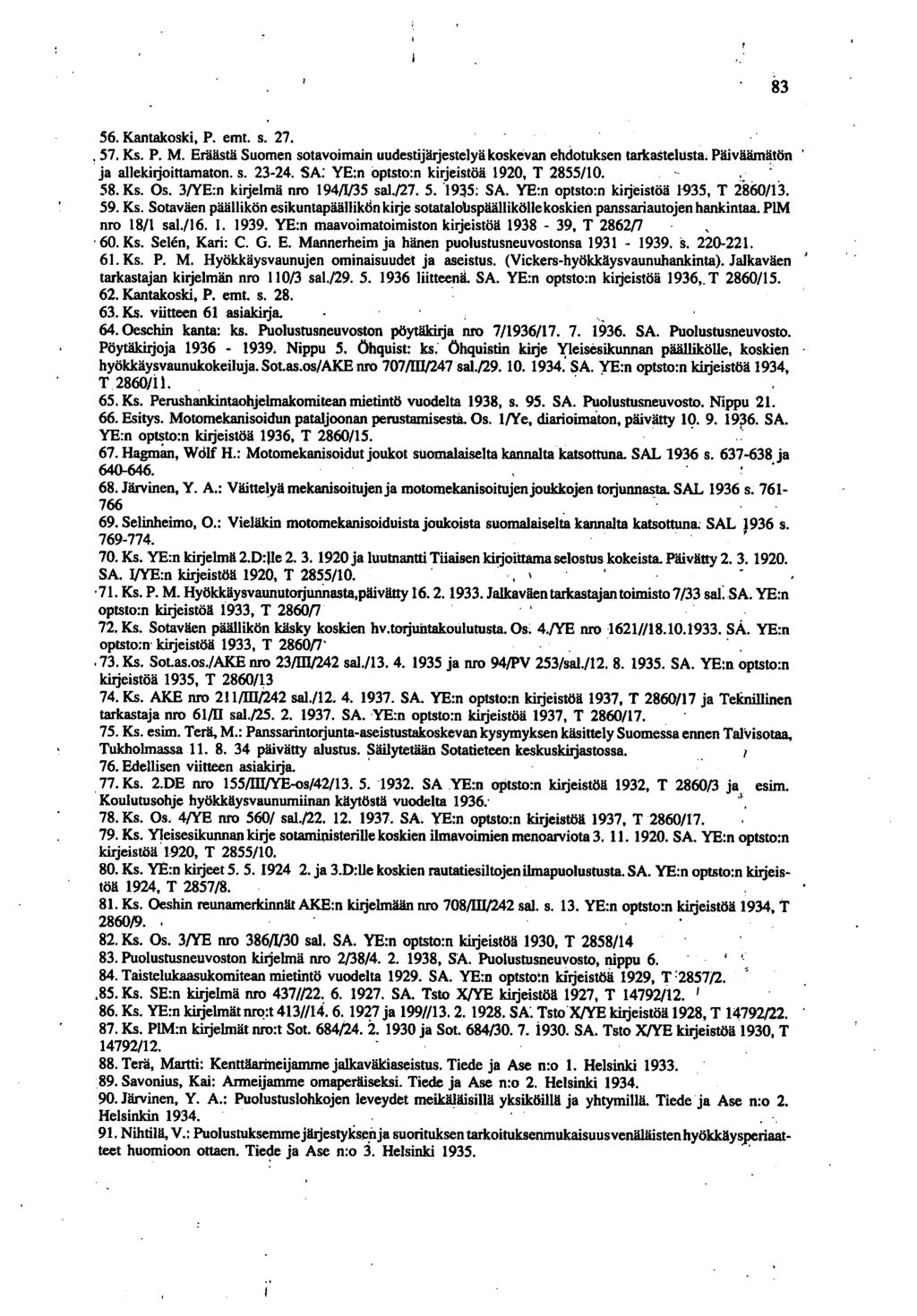 83 56. Kantakoski, P. emt. s. 27., 57. Ks. P. M. Eräästä Suomen sotavoimain uudestijärjestelyä koskevan ehdotuksen taikastelusta; Päiväämätön ja allekitjoinamaton. s. 23-24.