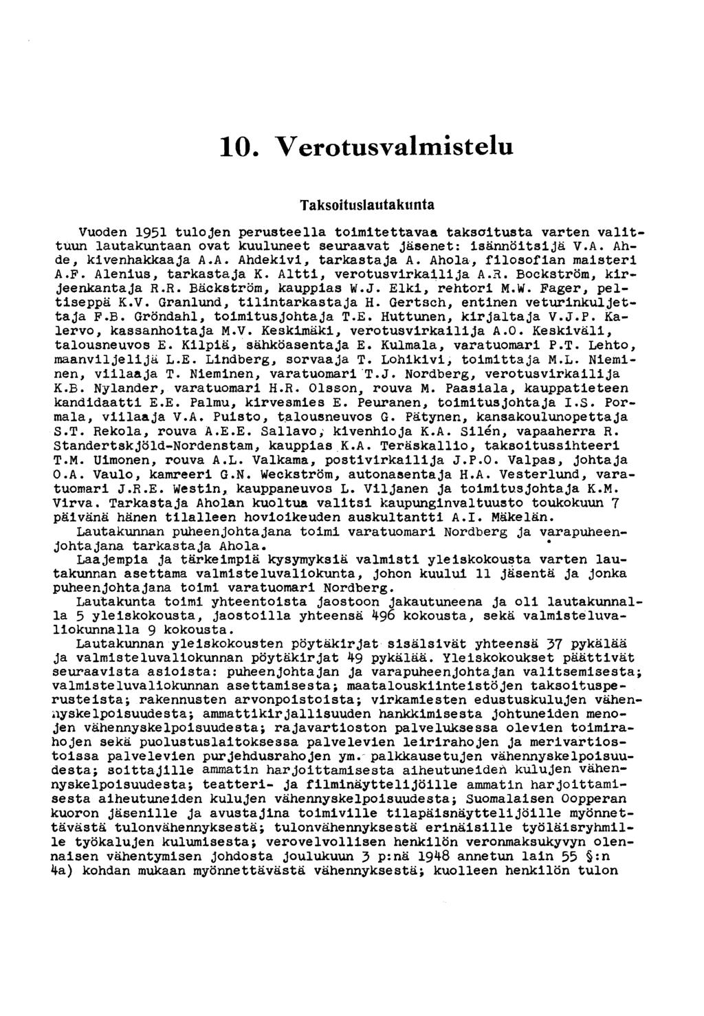 10. Verotusvalmistelu Taksoituslautakunta Vuoden 1951 tulojen perusteella toimitettavaa taksoitusta varten valittuun lautakuntaan ovat kuuluneet seuraavat jäsenet: isännöitsijä V.A.