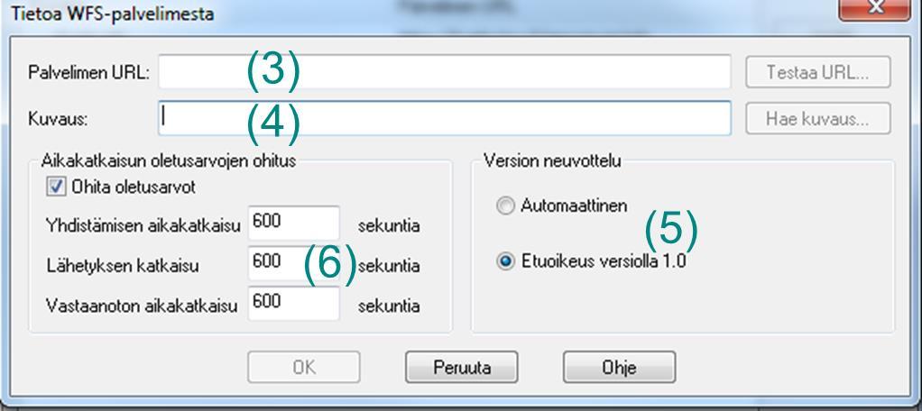 Syötä palvelun osoite (3) ja nimeä se haluamallasi tavalla (4). MapInfo 12.5 ei tue kunnolla WFS-versioita 1.1, joten valitse Etuoikeus versiolla 1.0 (5).