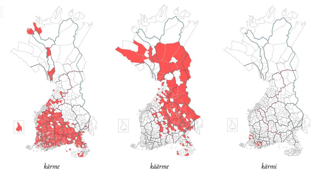 mettä nimeltä. Tutkimusaineistossani Käärme-alkuisilla paikannimillä esiintyy Mato-alkuisia rinnakkaismuotoja, ja myös Nimiarkiston kokoelmissa Mato-alkuisia nimiä on runsaasti.