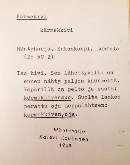 3 Aineisto 3.1 Aineiston keruu ja rajaus Tutkimusaineistoni on kerätty Kotimaisten kielten keskuksessa sijaitsevan Nimiarkiston paikannimikokoelmista syksyllä 2014.