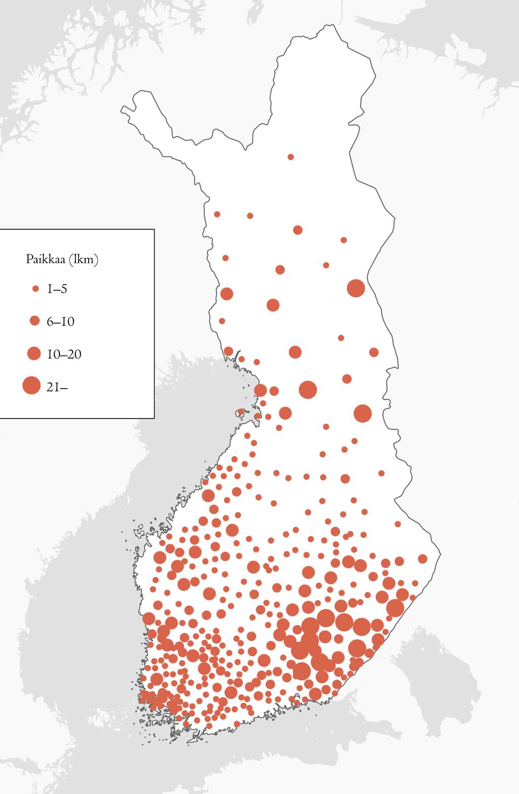 Kartta 2. Aineiston paikat pitäjittäin. Jokaisessa pitäjässä on vain yksi karttamerkintä, joka osoittaa pitäjän nimien määrän.