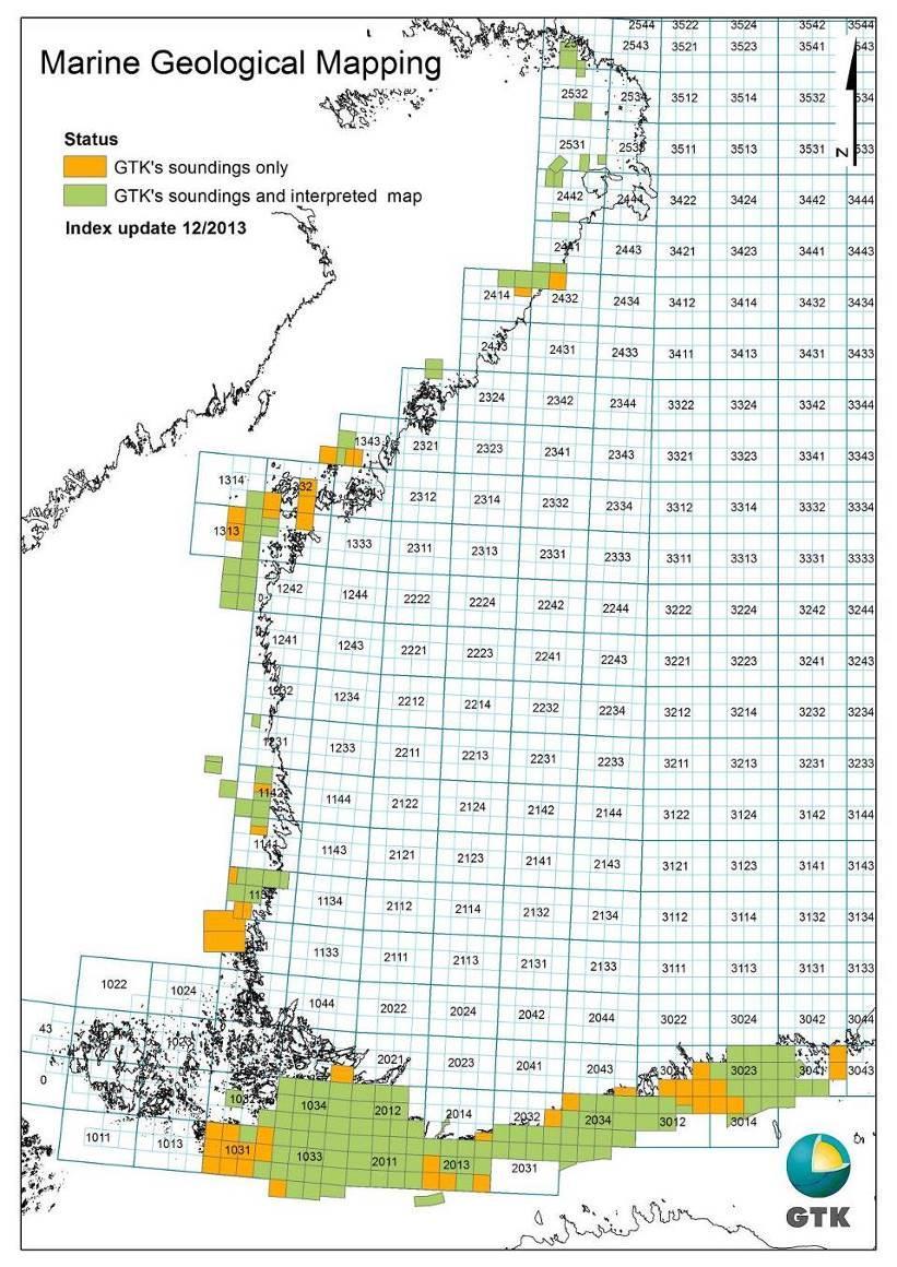 2.2 Geofysikaaliset maastokartoitukset Merenpohjan geologinen kartoitus on edennyt GTK:n kartoitusohjelman mukaisesti (kuva 2).