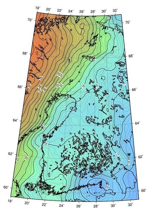 11 4 Case Vuohensaari 4.1 Vuohensaaren geoidikorkeus Vuohensaaren rantarajan määrittämiseen käytimme FIN2005-geoidimallin (kuva 5) mukaista korkeutta N2000-korkeusjärjestelmää.