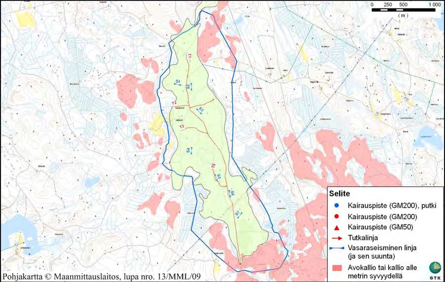 Keski-Suomen liitto Keski-Suomen POSKI projekti 2009, Pohjavesikohteet 20 Kuva 7. Kaakkokangas 4.4.2.1 Vasaraseismiset luotaukset Alueelle tehtiin 7 vasaraseismistä linjaa.