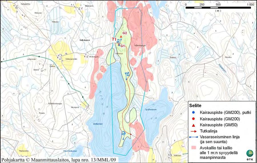 Keski-Suomen liitto Keski-Suomen POSKI projekti 2009, Pohjavesikohteet 25 4.4.5.1 Kairaukset Alueelle tehtiin kaksi kevyttä GM50 kairausta (3.3).