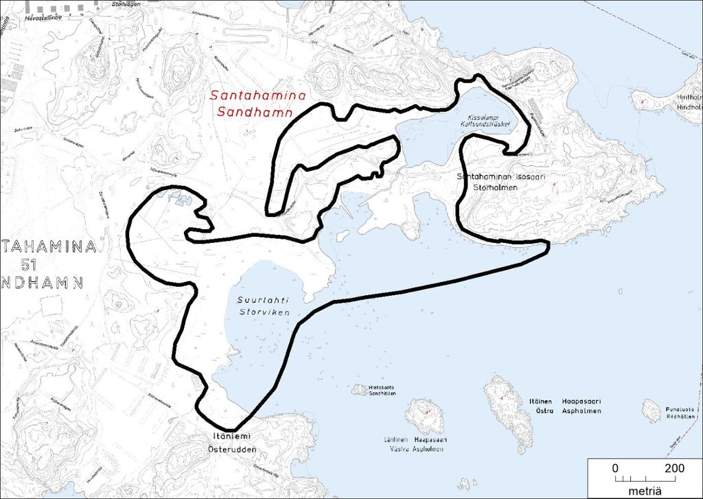 36. Santahaminan Suurlahden alue Pinta-ala 63,4 ha Santahaminan ampuma-alueena käytettävä Suurlahden alue on alavaa merenrantaa, jonka sydänosan muodostavat hyvin laakeat hiekkapohjaiset rannat,