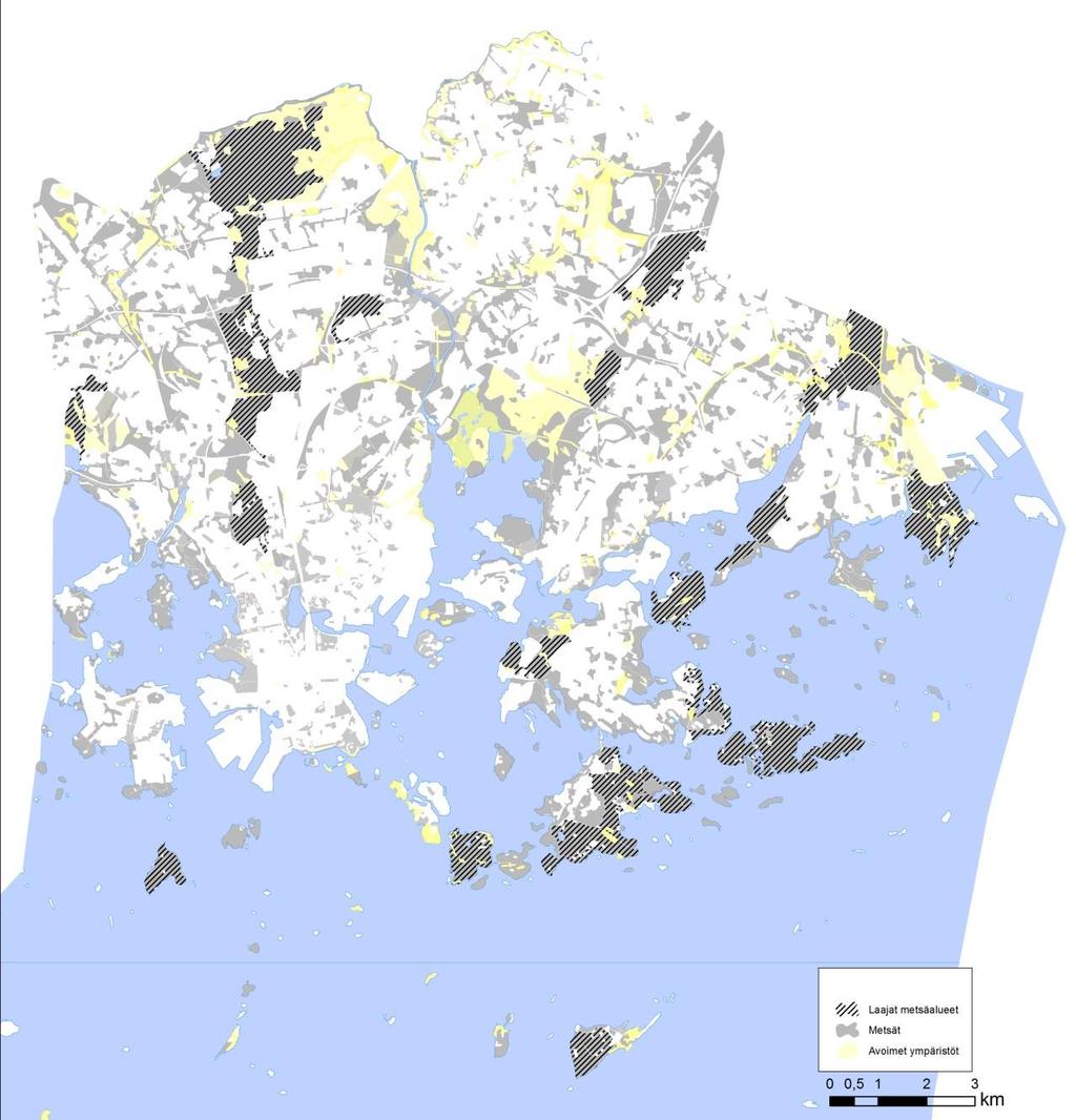 Helsingin luonnonsuojeluohjelma 2015 2024 ja metsäverkostoselvitys, korjattu ehdotus 36 (143) 29.9.2015 Kuva 11. Helsingin laajat, yhtenäiset metsäalueet.