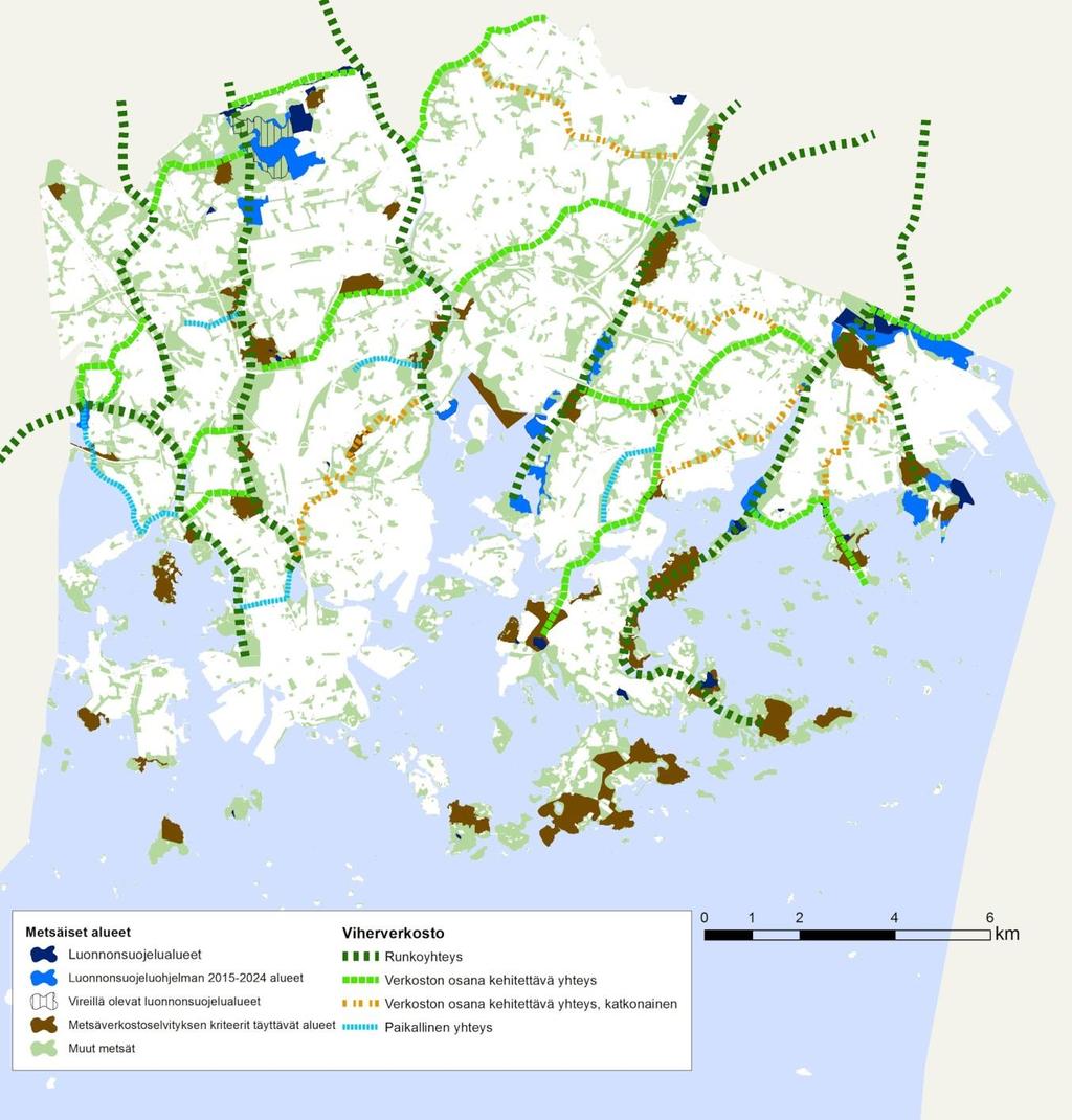 Helsingin luonnonsuojeluohjelma 2015 2024 ja metsäverkostoselvitys, korjattu ehdotus 29.9.2015 45 (143) Kuva 16. Metsäverkoston kytkeytyminen.