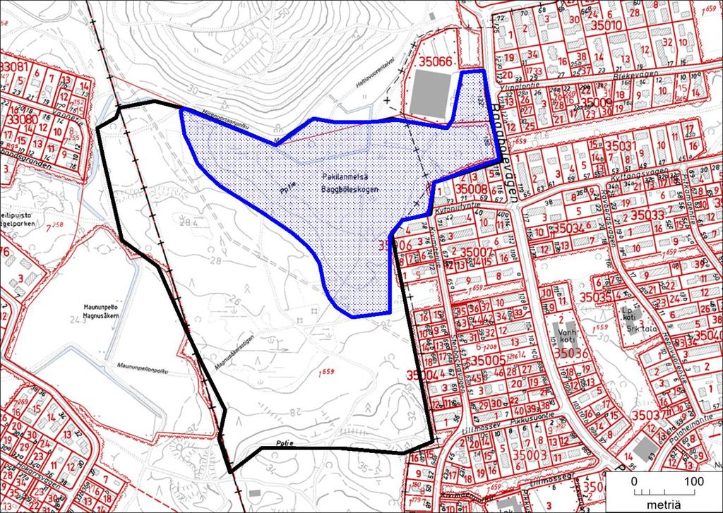 2. Pakilanmetsä Pinta-ala 24,51 ha (iso), 8,87 ha (pieni) Kaksi rajausehdotusta: laajempi (musta) ja pienempi (sininen).. Kartta piirretään uudelleen laajan rajauksen mukaisena.