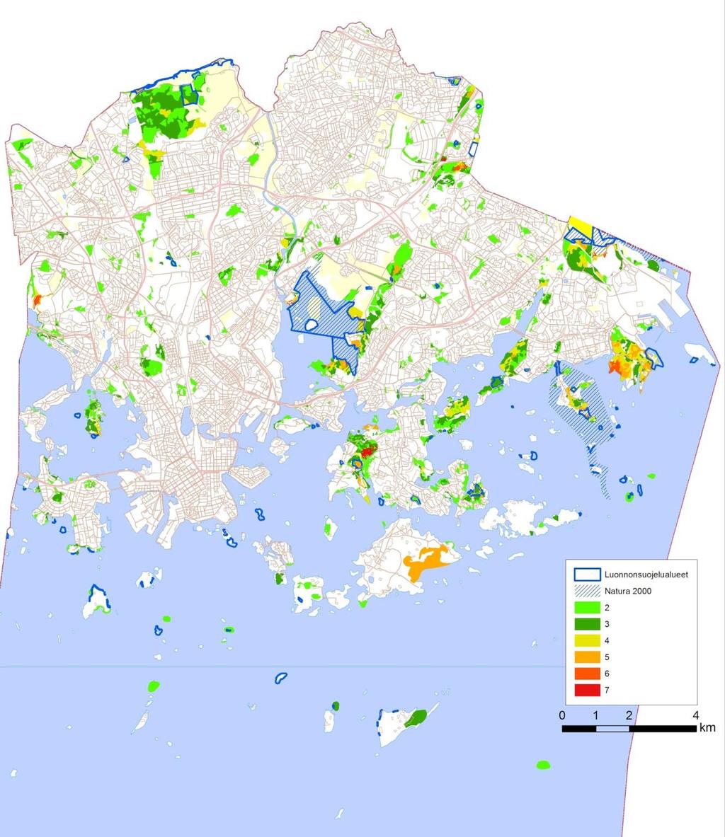 Helsingin luonnonsuojeluohjelma 2015 2024 ja metsäverkostoselvitys, korjattu ehdotus 29.9.2015 9 (143) Kuva 2. Paikkatietotarkastelun avulla laadittu kartta luonnonarvoista.