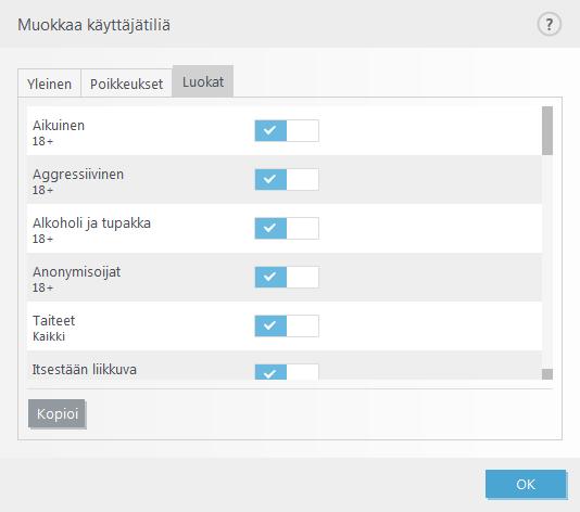 Käytönvalvonta Kun olet poistanut käytönvalvonnan käytöstä, Poista käytönvalvonta käytöstä -ikkuna tulee näkyviin. Ikkunasta voit valita aikavälin, jonka ajaksi tämä suojaus poistetaan käytöstä.