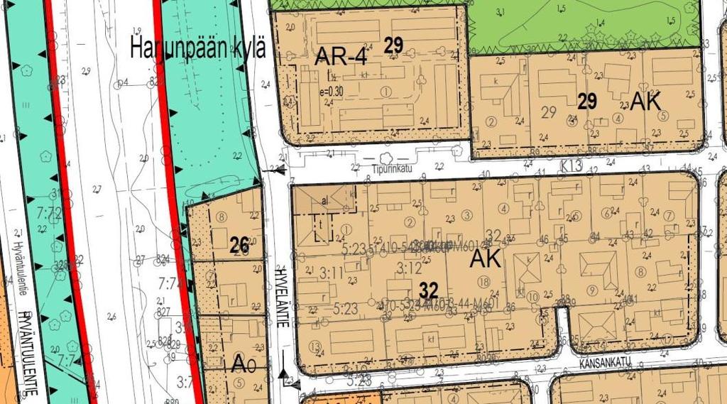 4/5 Ote ajantasa-asemakaavasta, suunnittelualueen ajaus punaisella. 5.