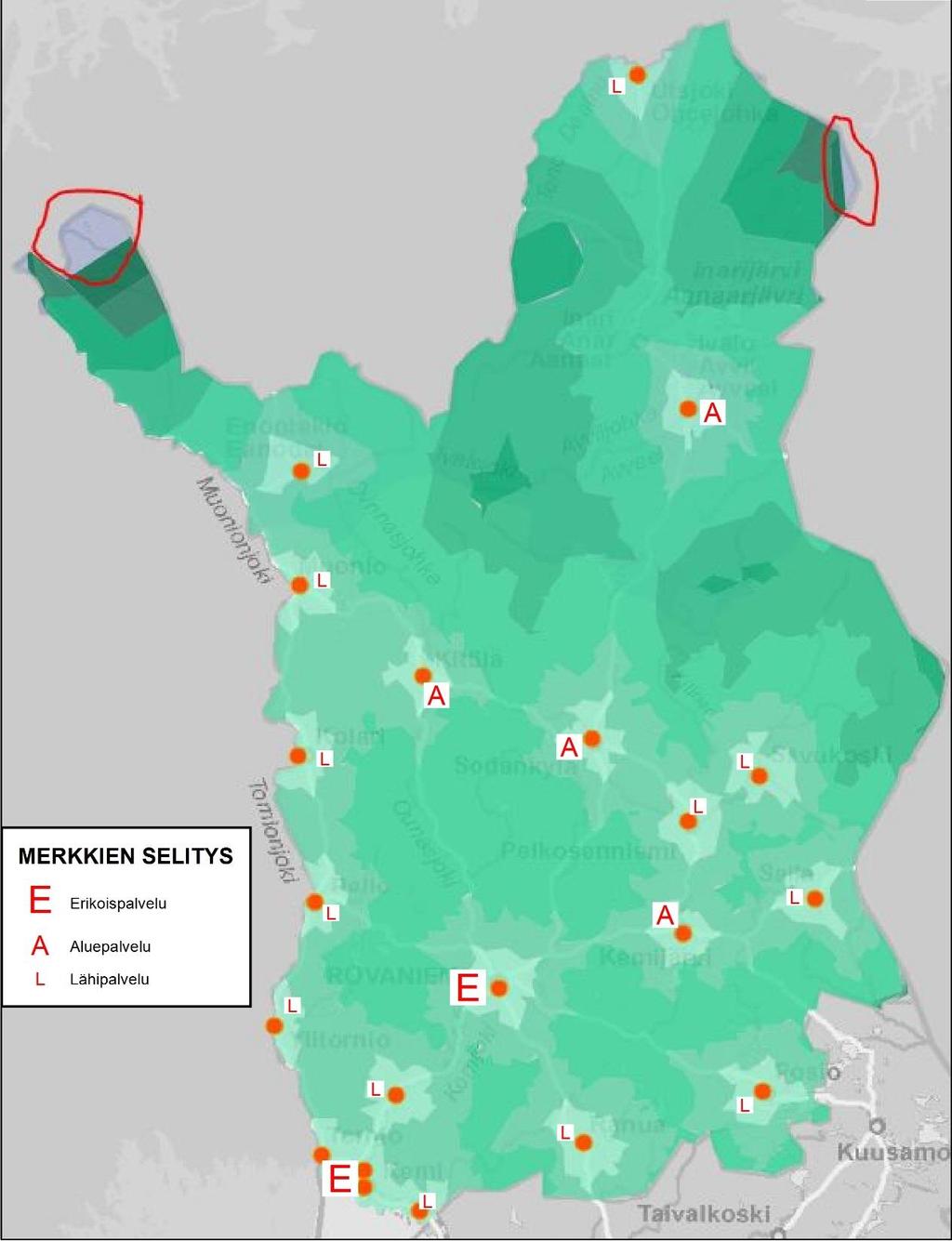 Valmistelun pohjaksi: Lapin Sote-mallin palveluverkko - tavoitemalli palveluiden jaosta lähi-, alueja erikoispalveluihin Kuntakeskuksissa tuotettavien palveluiden saavutettavuus todellisella