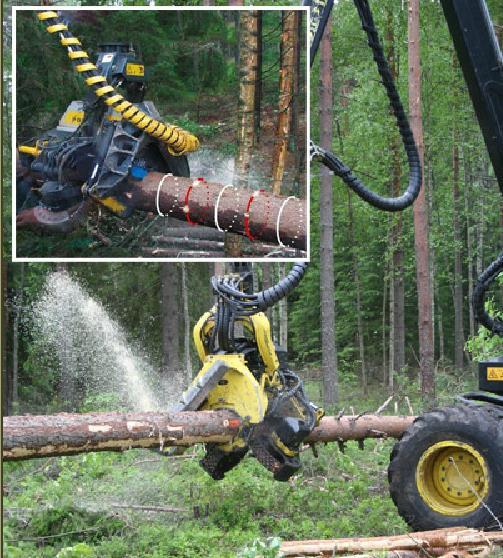 Hakkuukoneen tietojärjestelmä Keskeinen osa hakkuukoneen toiminnallisuutta on sen mittausjärjestelmä läpimitan ja pituuden jatkuva mekaaninen mittaus runkoa käsiteltäessä