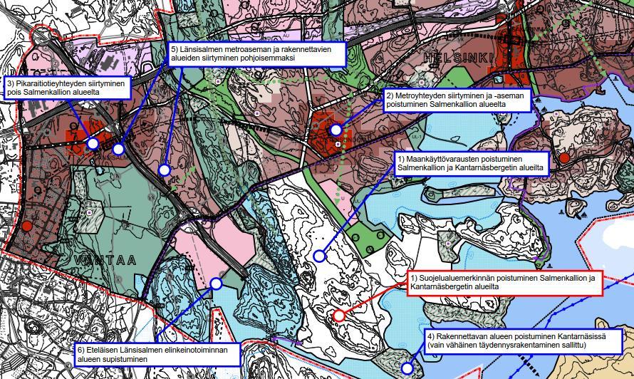 38 Muina mainittavina vaikutuksina voidaan pitää niitä Salmenkallion ja Kantarnäsbergetin lähialueilla tapahtuneita kaavamerkintämuutoksia, joiden kautta virkistyskäyttöpaine laskee edelliseen