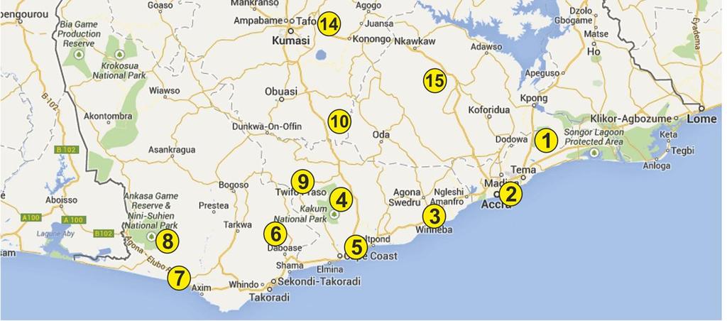 Amansuri wetlands, 8. Ankasa forest, 9. Twifo Praso, 10. Bonkro forest, 11. Opuro forest, 12. Mole National Park, 13.