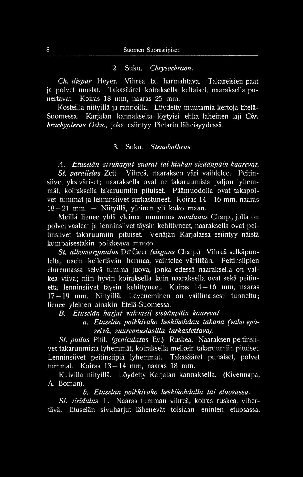 Koiras 14 16 mm, naaras 18 21 mm. Niityillä, yleinen yli koko maan. Meillä lienee yhtä yleinen muunnos montanus Charp.