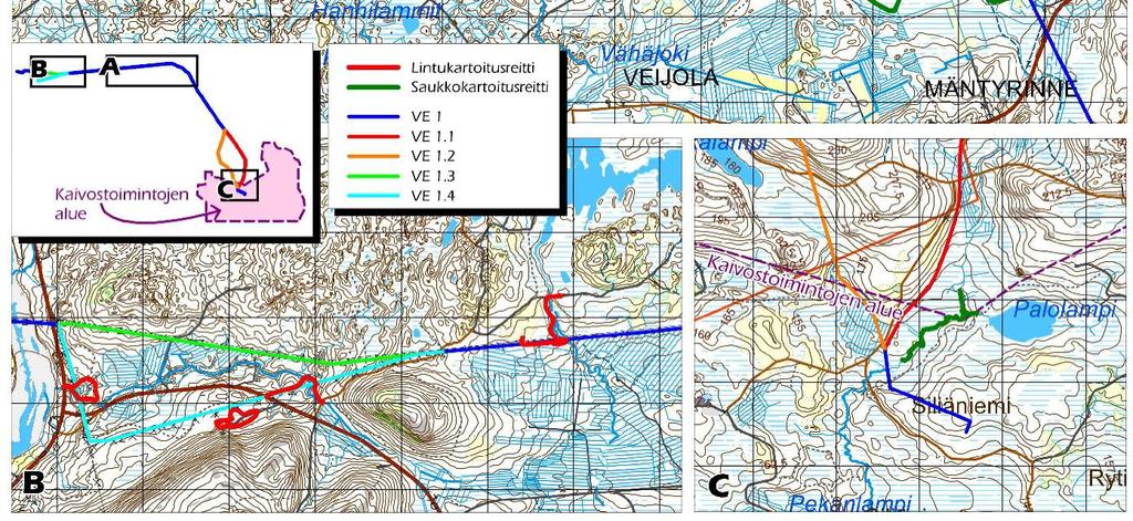 Kartoituksessa käytettiin kertaalleen toteutettavaa lumijälkilaskentamenetelmää (engl.