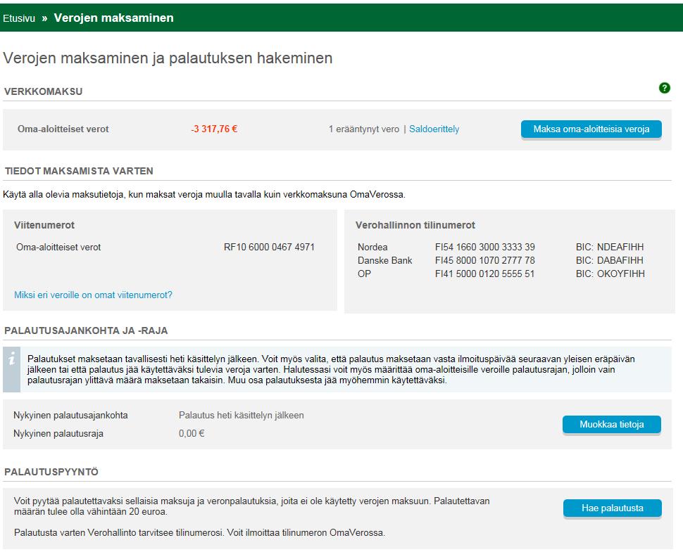 Toiminnot > Maksa Veroja tai