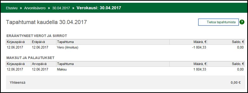 7 VEROKAUDEN TAPAHTUMAT Verokauden tapahtumia pääsee tarkastelemaan valitsemalla Kausi-näkymästä > Katso kauden tapahtumia tai Näytä tapahtumat.