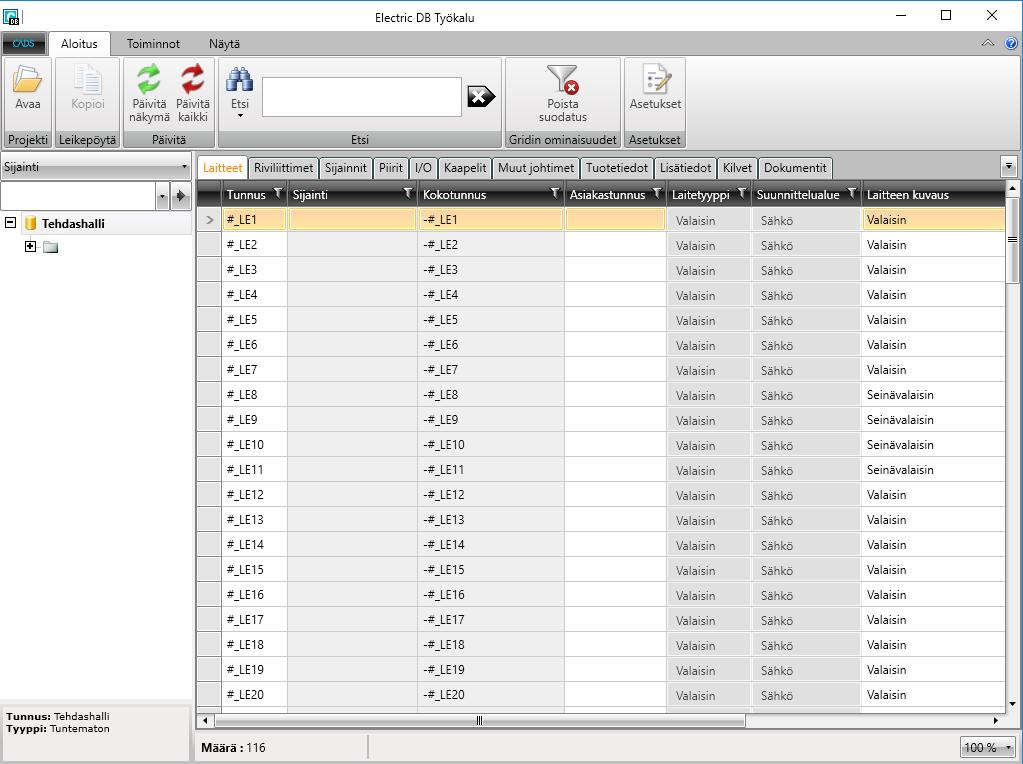 10 (41) KUVA 3. Electric DB Työkalu -ikkuna ja projektitietokannan laiteluettelo 3.2 Tasopiirustukset-sovellus Tasopiirustukset-sovellus on kokenut suurimmat muutokset CADS:n siirtyessä 17-versioon.