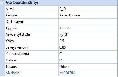 15 (41) KUVA 8. E_ID -attribuutin ominaisuudet Mikäli CADS:n omat attribuutit eivät riitä, voidaan omille symboleille luoda myös uusia attribuutteja tietyin rajoituksin.